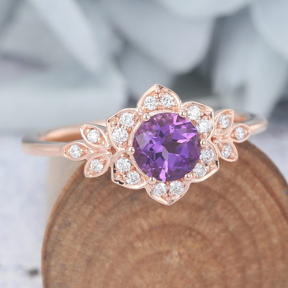 Round Cut Amethyst Engagement Ring Nature Inspired Ring