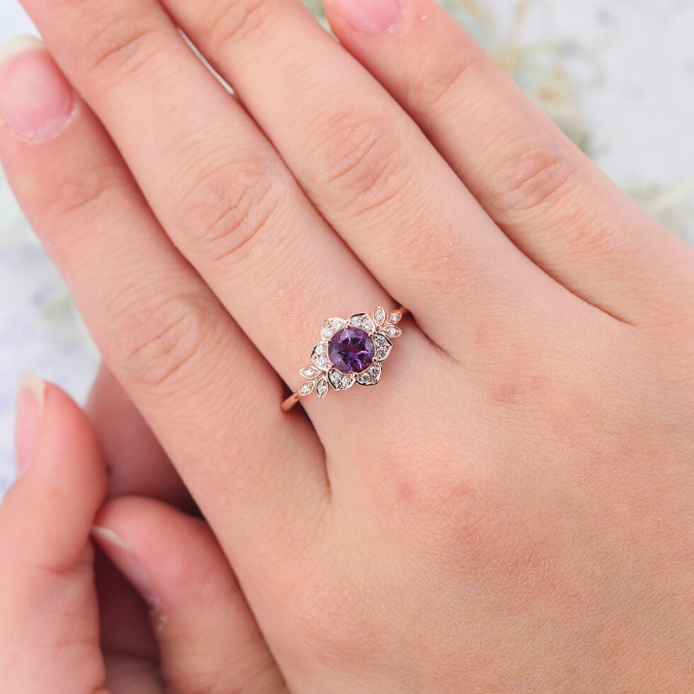 Round Cut Amethyst Engagement Ring Nature Inspired Ring