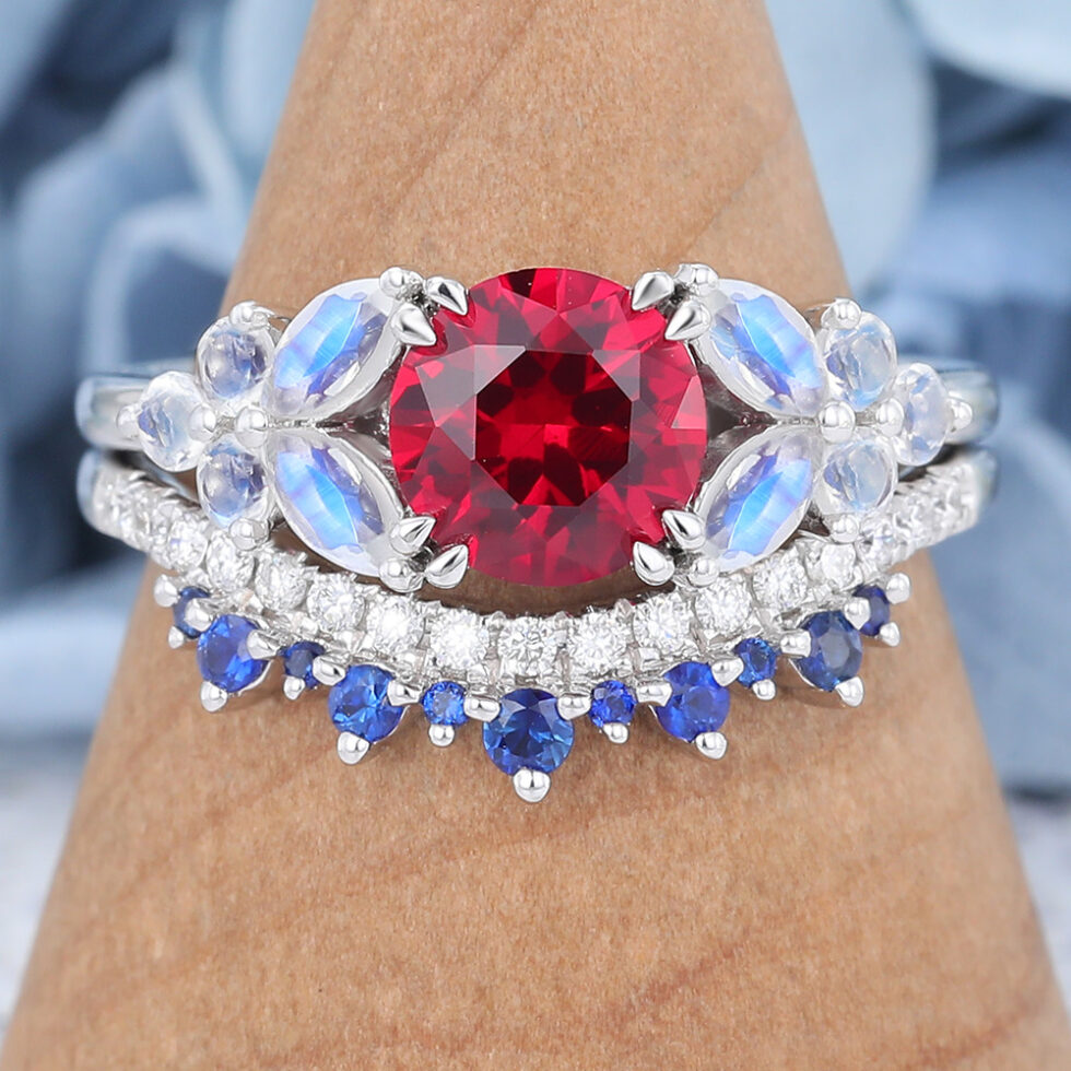 Round Cut Garnet Engagement Ring Set Vintage Ring Set