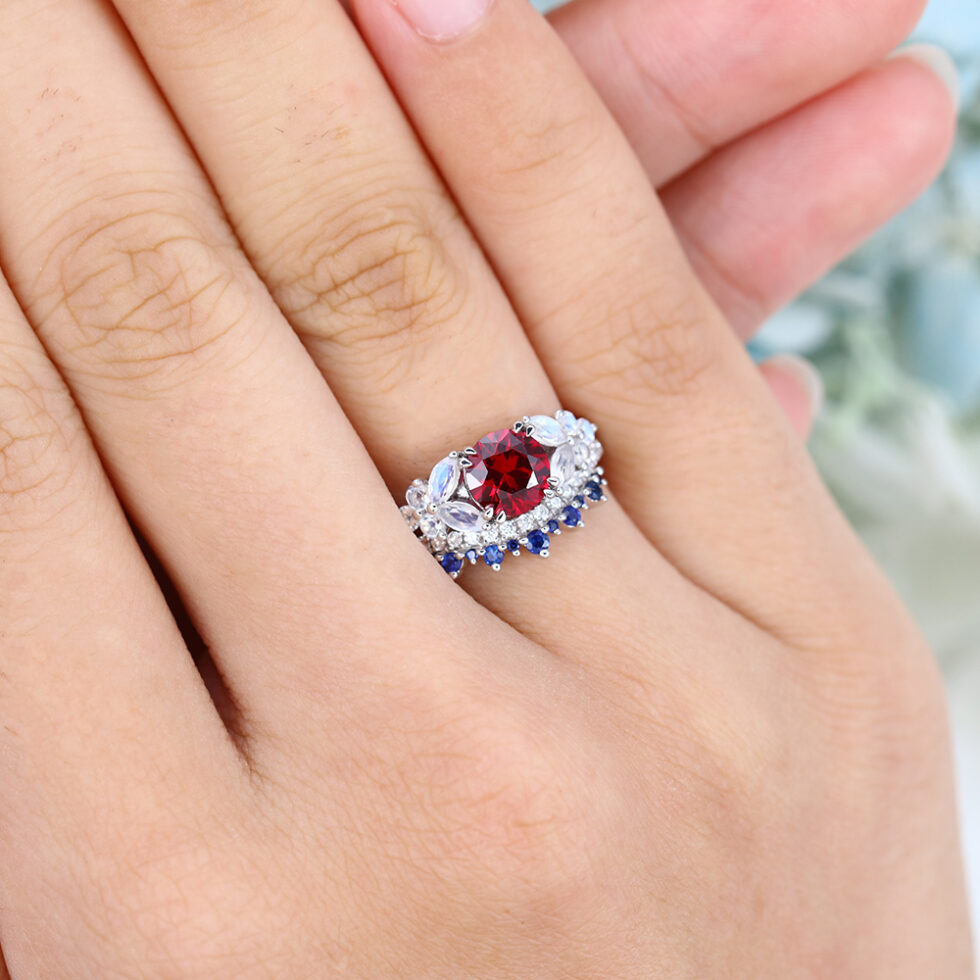Round Cut Garnet Engagement Ring Set Vintage Ring Set