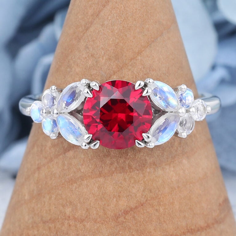 Round Cut Garnet Engagement Ring with Floral-Inspired Cluster