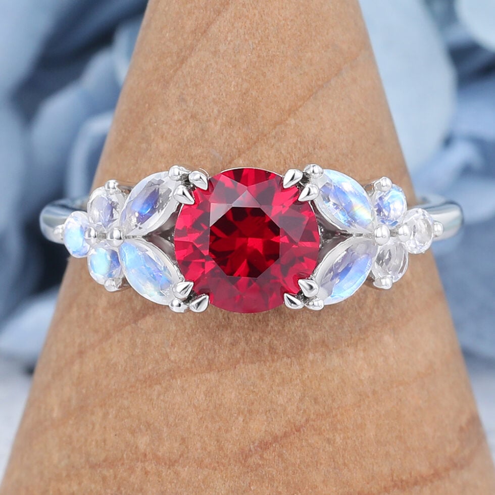Round Cut Garnet Engagement Ring with Floral-Inspired Cluster