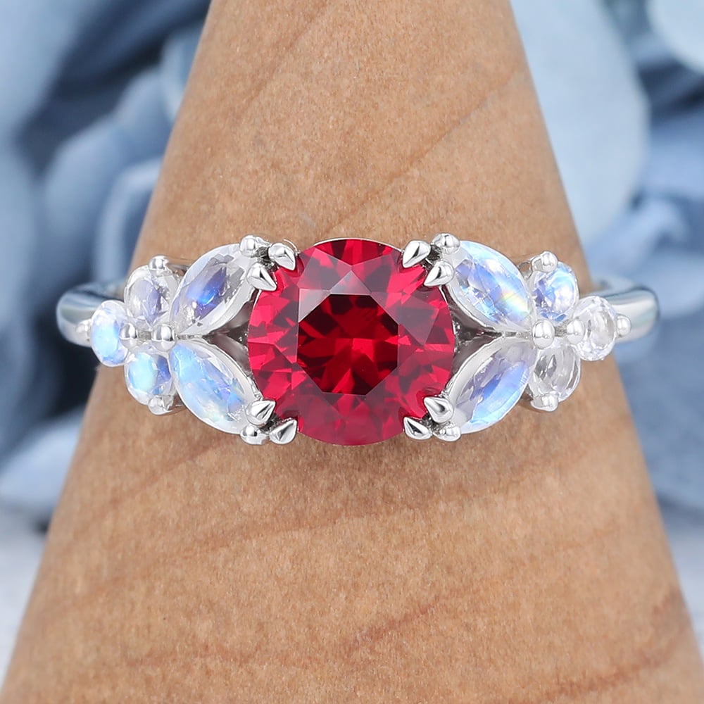 Round Cut Garnet Engagement Ring with Floral-Inspired Cluster