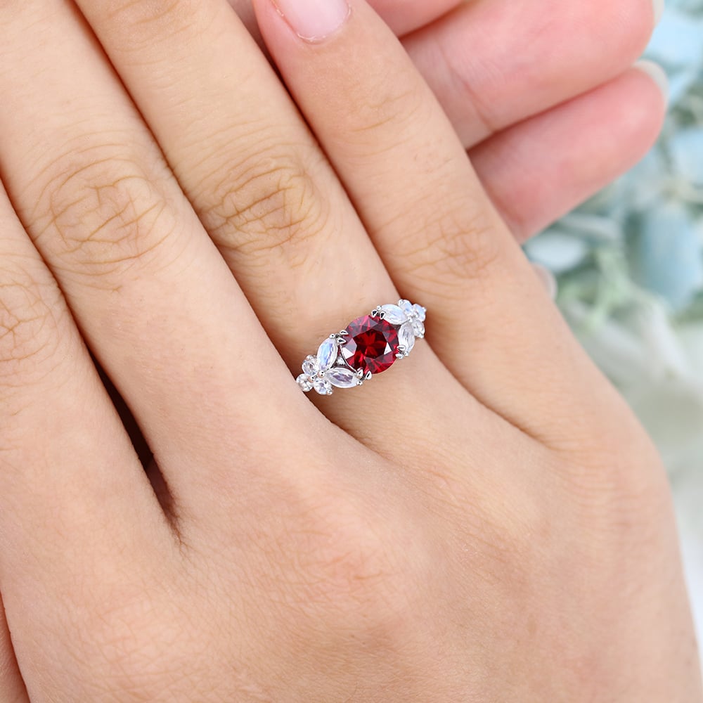 Round Cut Garnet Engagement Ring with Floral-Inspired Cluster