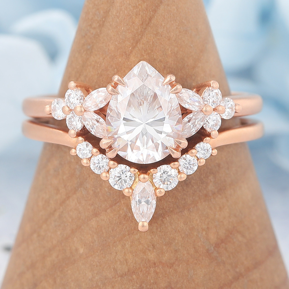 Matte Finish Pear Cut Moissanite Engagement Ring Set with Floral Cluster