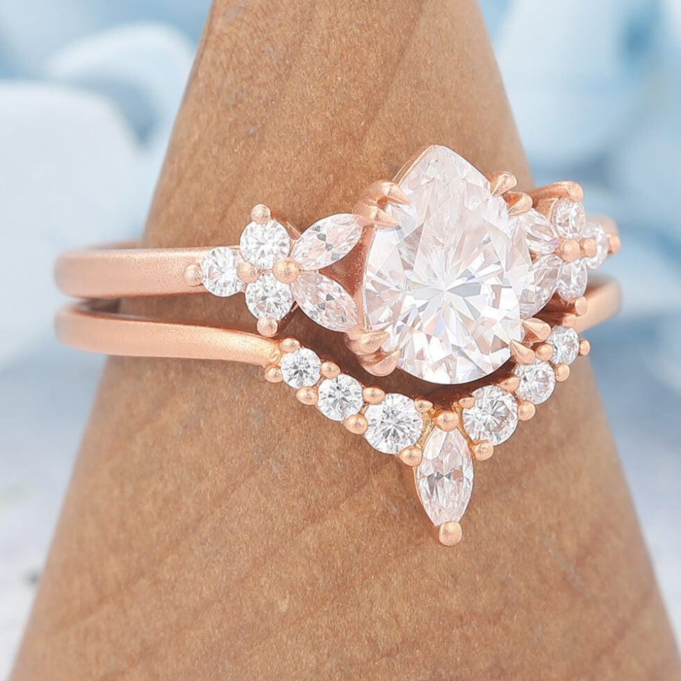 Matte Finish Pear Cut Moissanite Engagement Ring Set with Floral Cluster