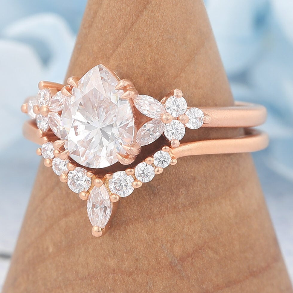 Matte Finish Pear Cut Moissanite Engagement Ring Set with Floral Cluster