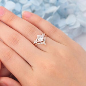 Matte Finish Pear Cut Moissanite Engagement Ring Set with Floral Cluster