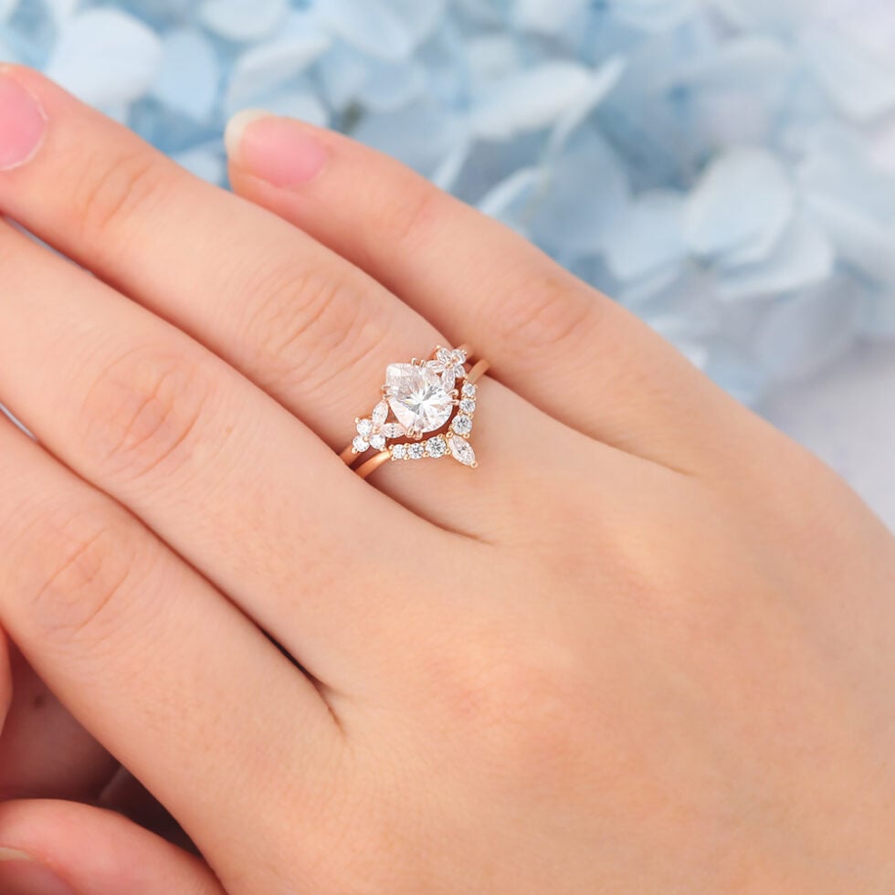 Matte Finish Pear Cut Moissanite Engagement Ring Set with Floral Cluster