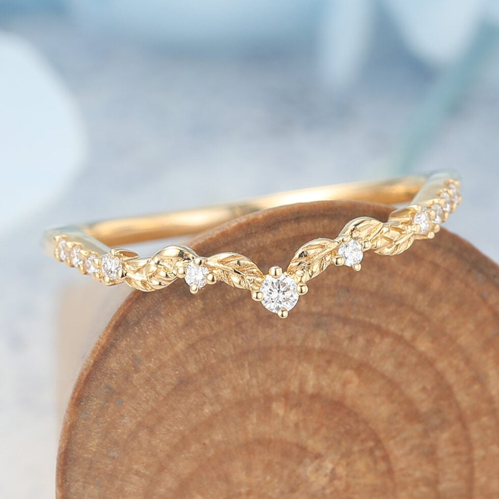 Moissanite Wedding Band Leaves Stacking Ring