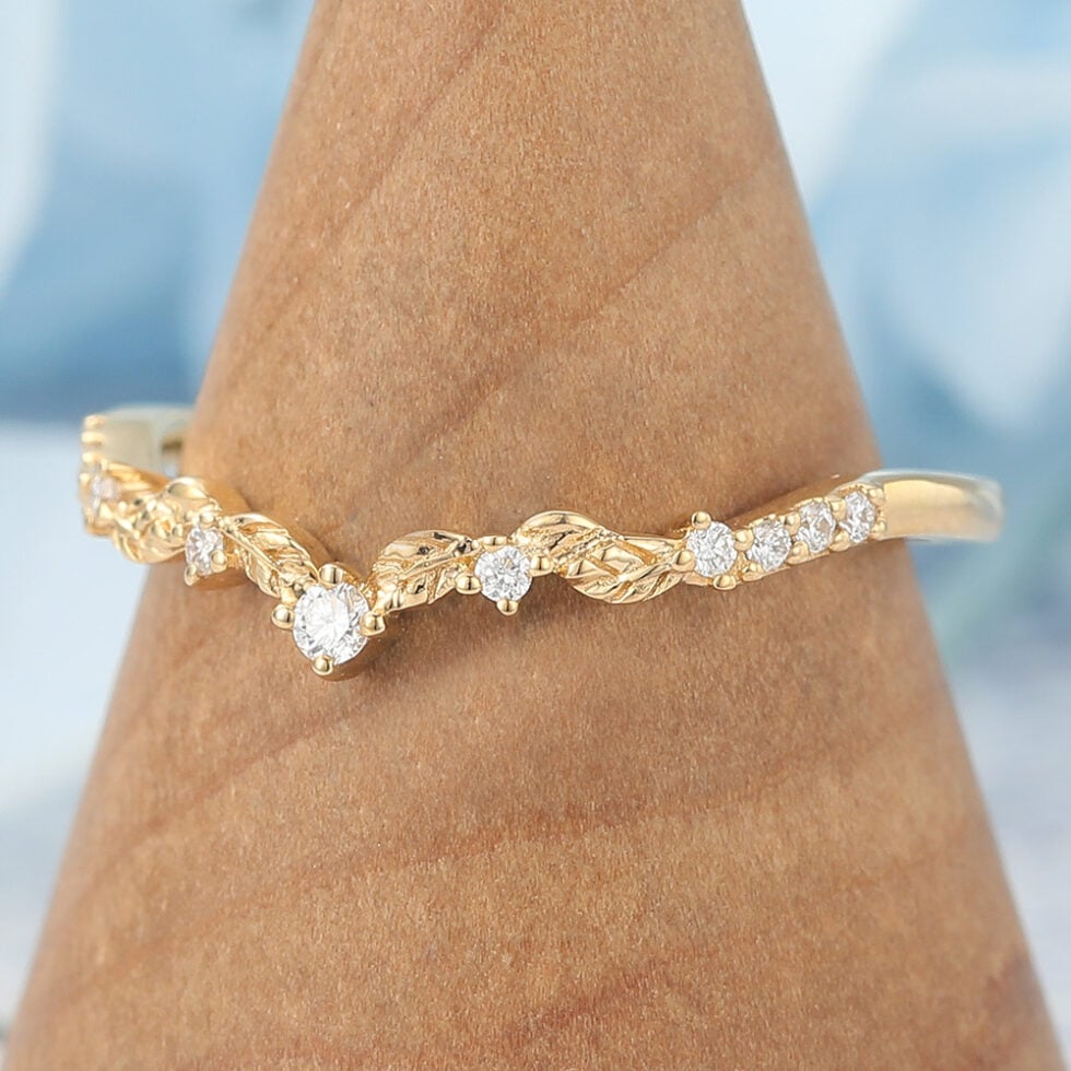 Moissanite Wedding Band Leaves Stacking Ring