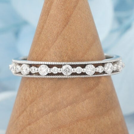 Round Moissanite Wedding Band Beaded Half Eternity Ring