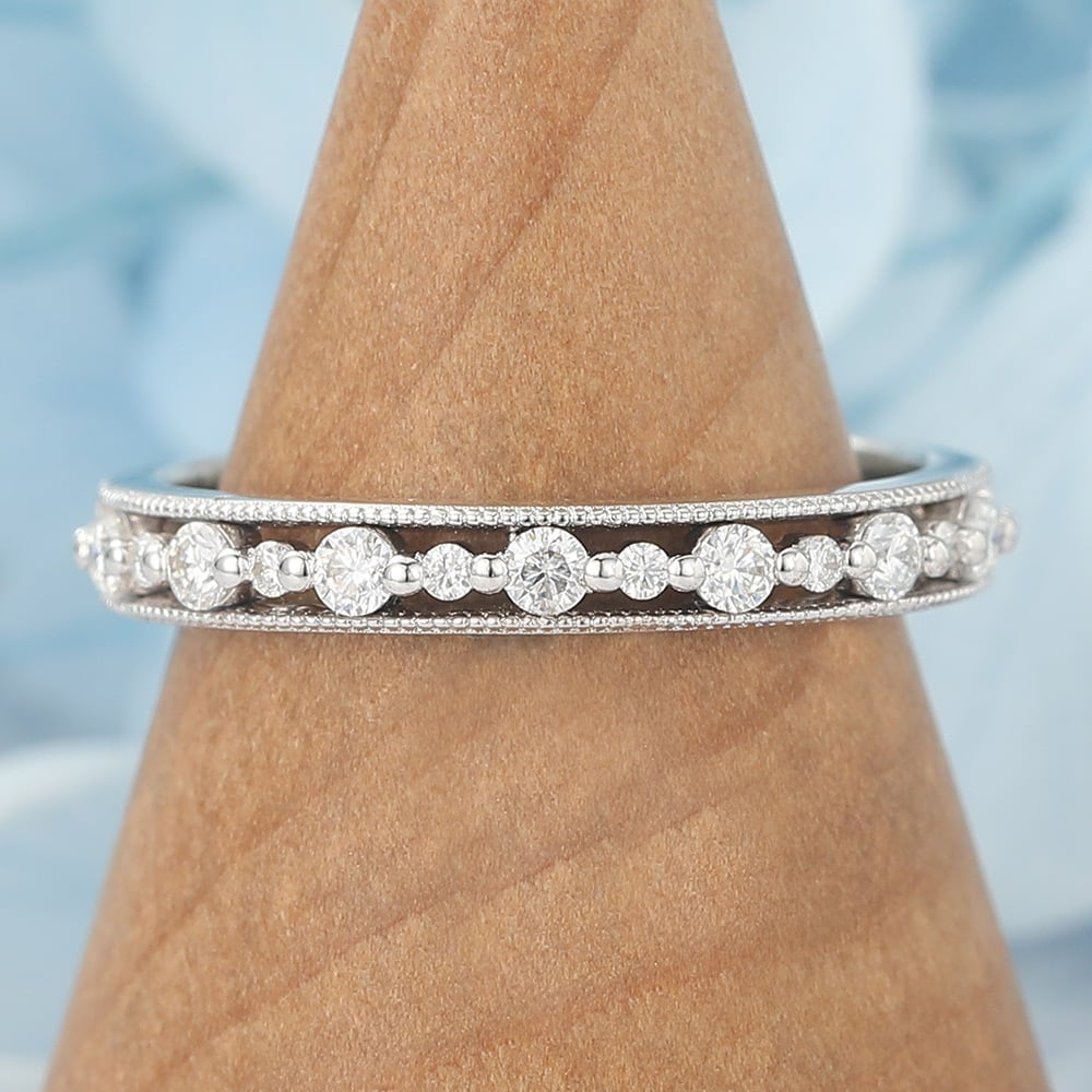 Round Moissanite Wedding Band Beaded Half Eternity Ring