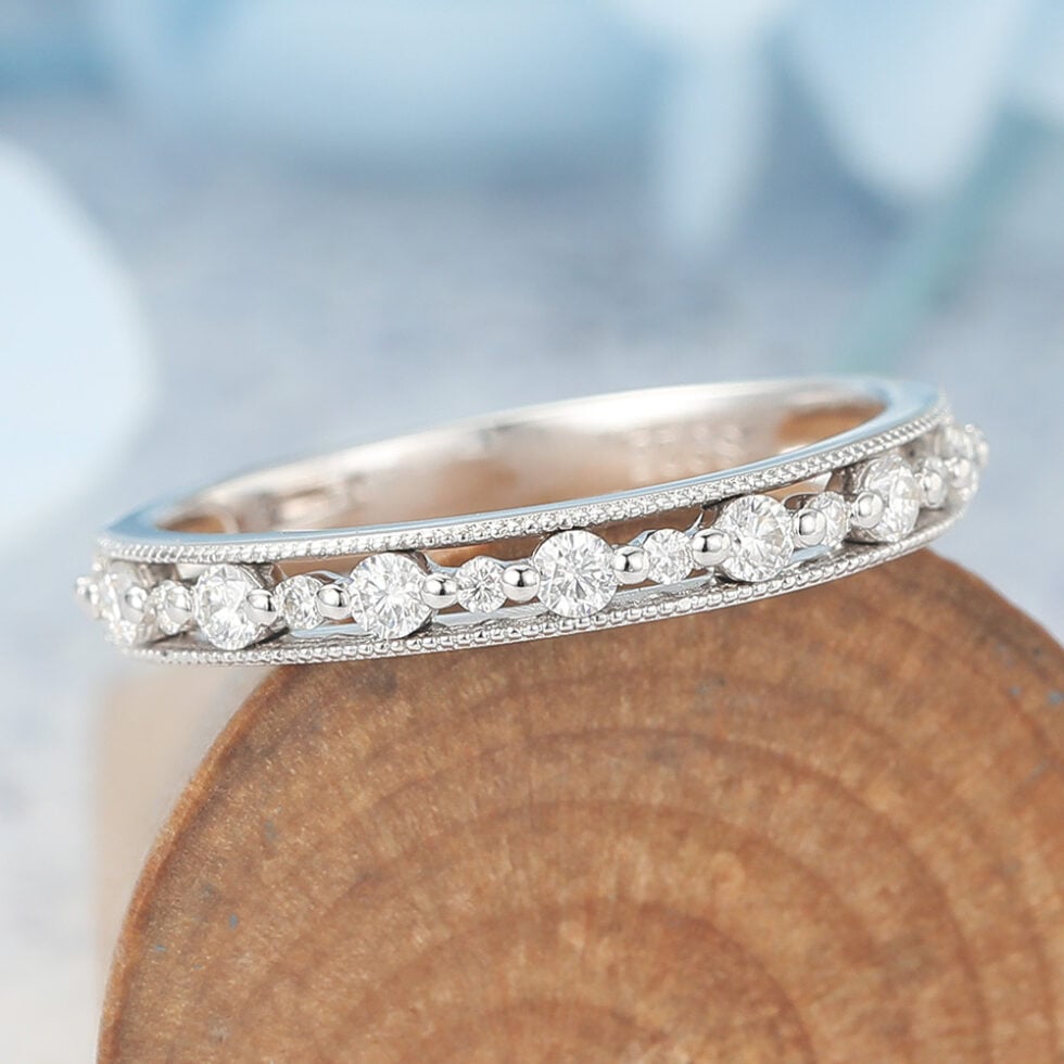 Round Moissanite Wedding Band Half Eternity Design