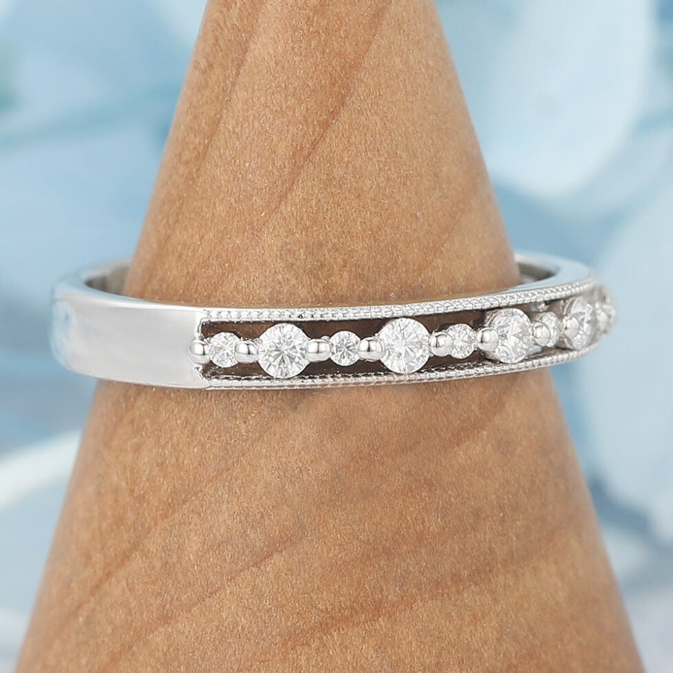 Round Moissanite Wedding Band Beaded Half Eternity Ring