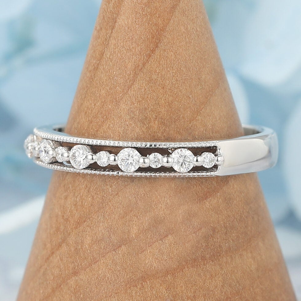 Round Moissanite Wedding Band Beaded Half Eternity Ring