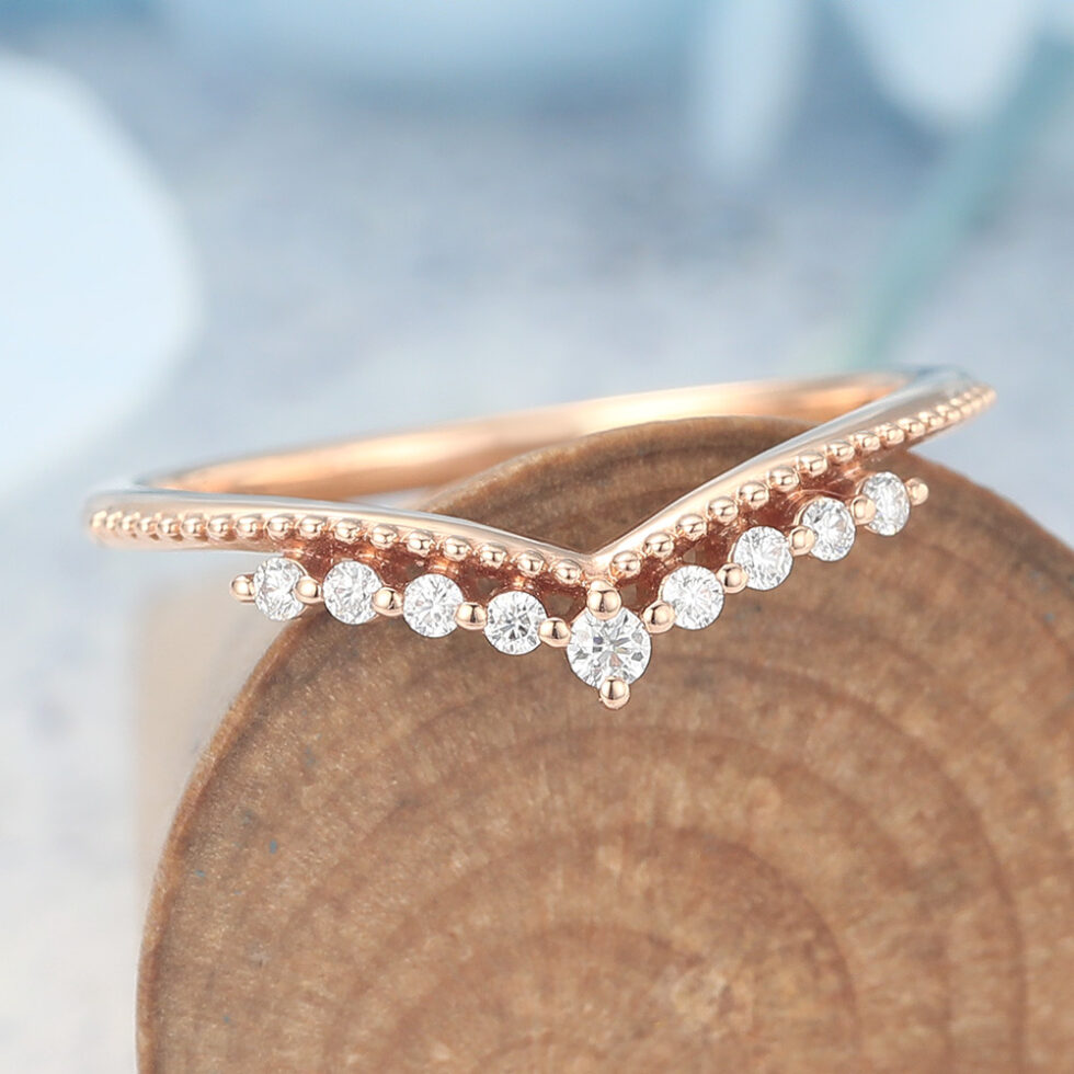 Delicate Beaded Round Moissanite Curved Wedding Band