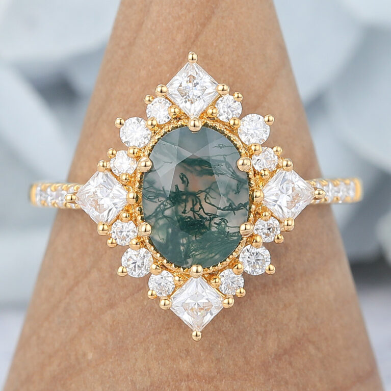 Vintage Oval Cut Moss Agate Flower Halo Engagement Ring