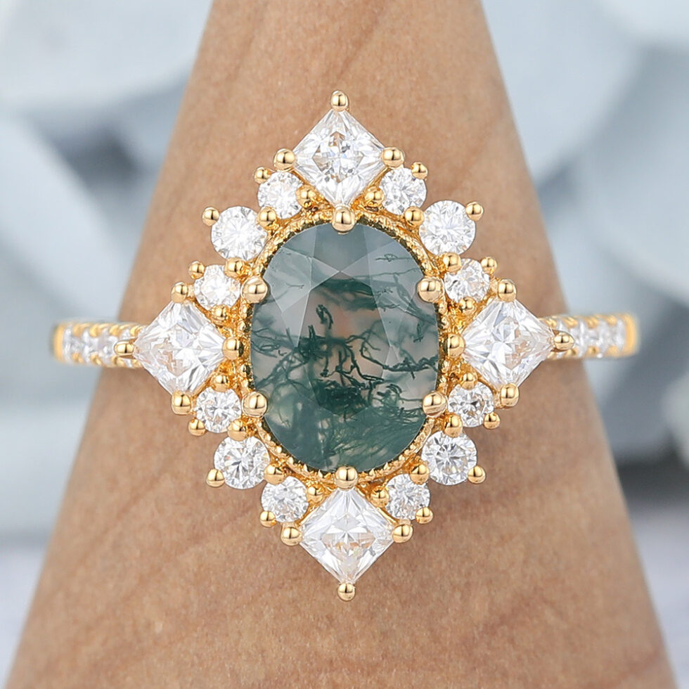 Vintage Oval Cut Moss Agate Flower Halo Engagement Ring