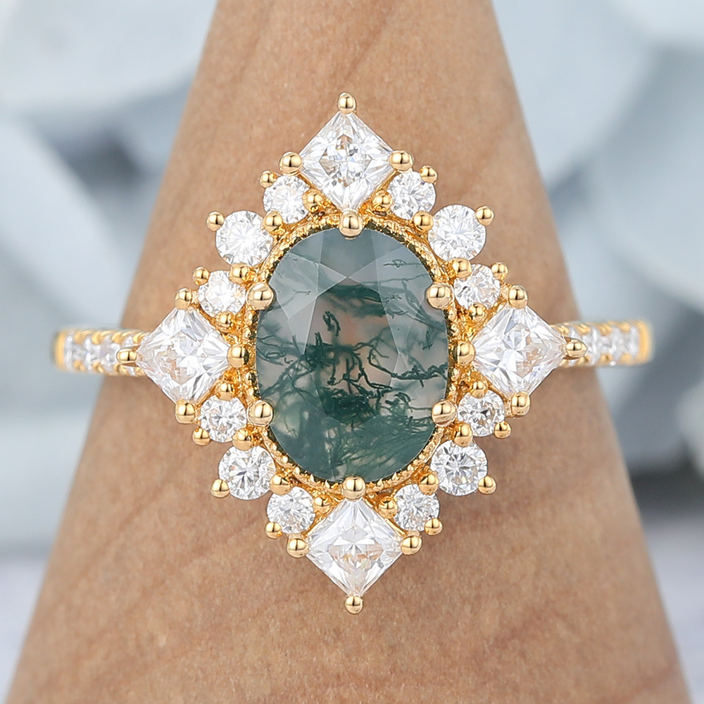 Vintage Oval Cut Moss Agate Flower Halo Engagement Ring