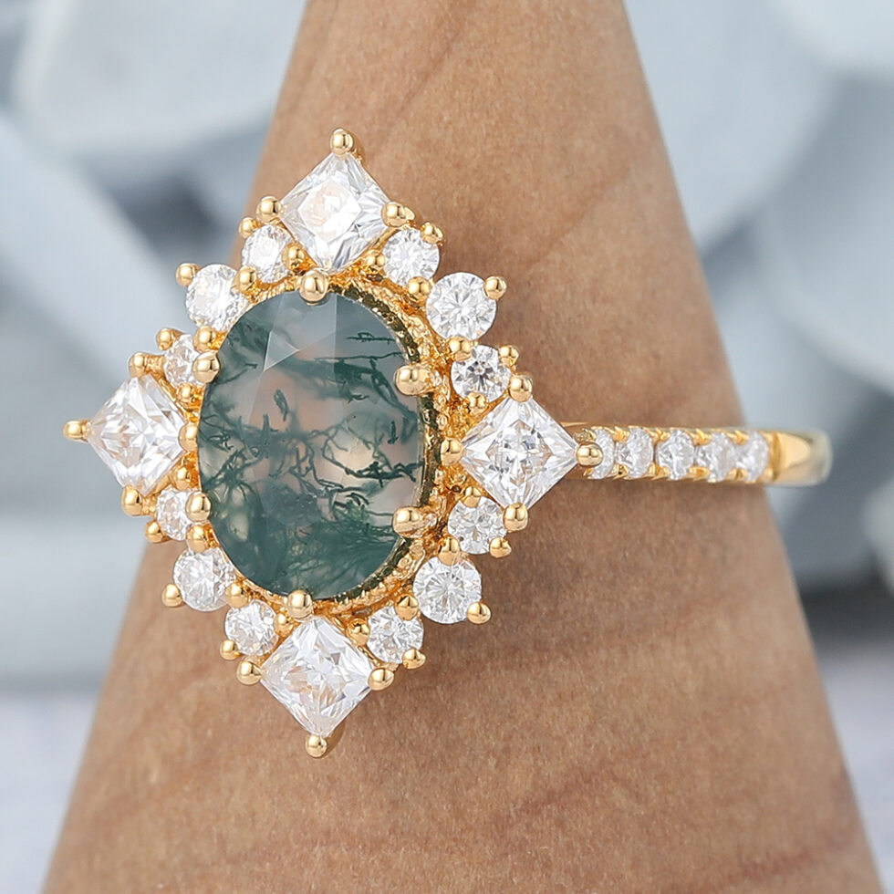 Vintage Oval Cut Moss Agate Flower Halo Engagement Ring