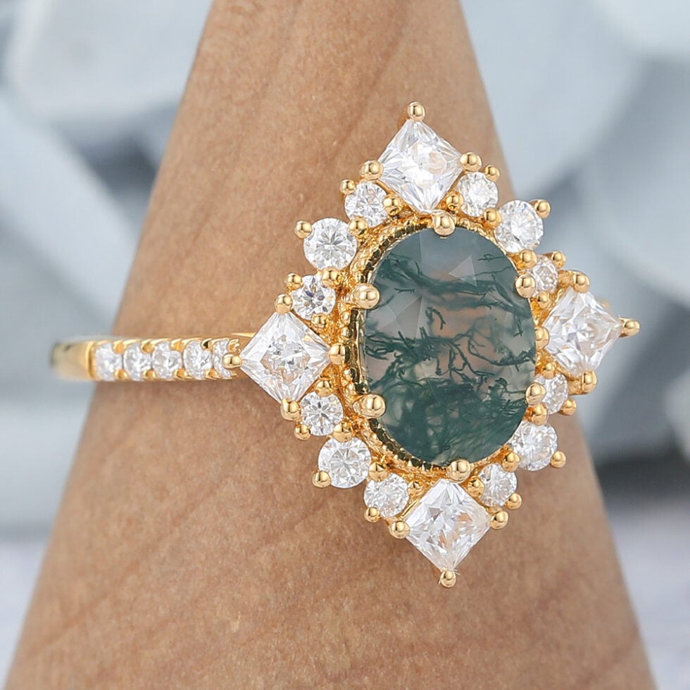 Vintage Oval Cut Moss Agate Flower Halo Engagement Ring
