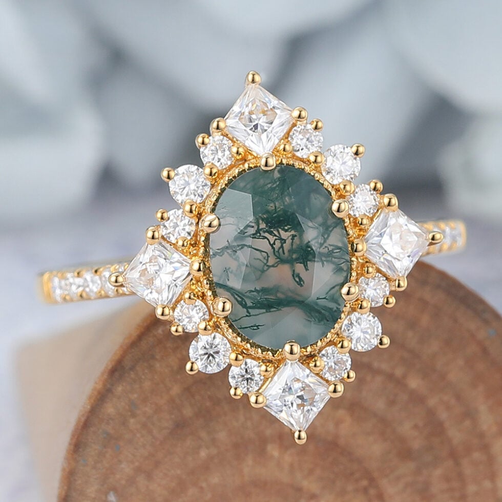 Vintage Oval Cut Moss Agate Flower Halo Engagement Ring