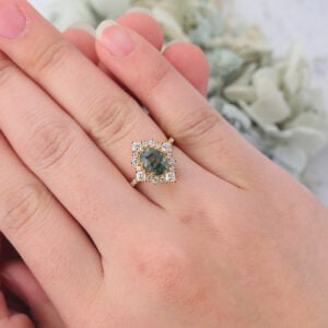 Vintage Oval Cut Moss Agate Flower Halo Engagement Ring