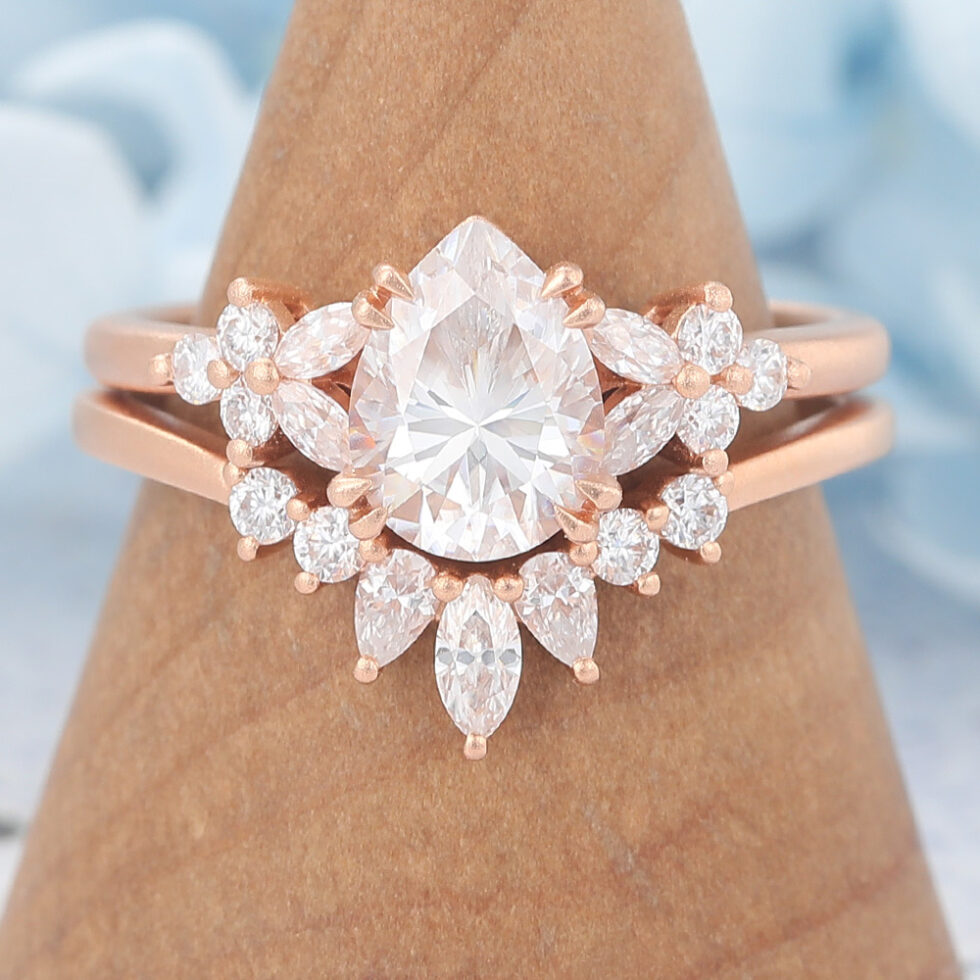 Matte Finish Pear Cut Moissanite Engagement Ring Nature-Inspired Cluster