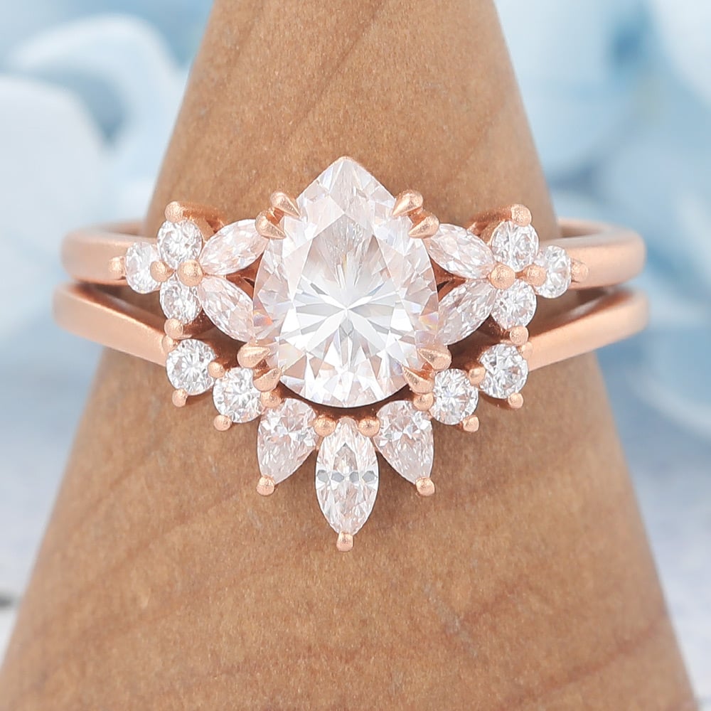 Matte Finish Pear Cut Moissanite Engagement Ring Nature-Inspired Cluster