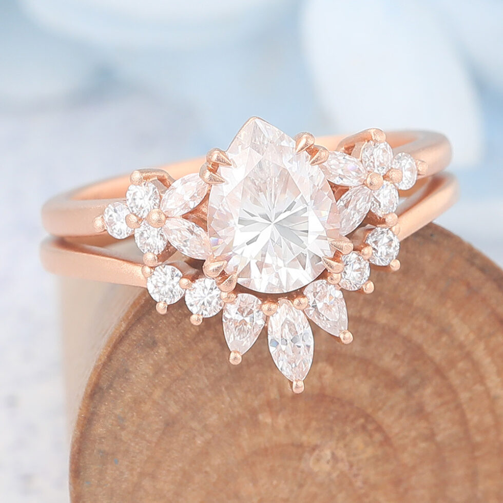 Matte Finish Pear Cut Moissanite Engagement Ring Nature-Inspired Cluster