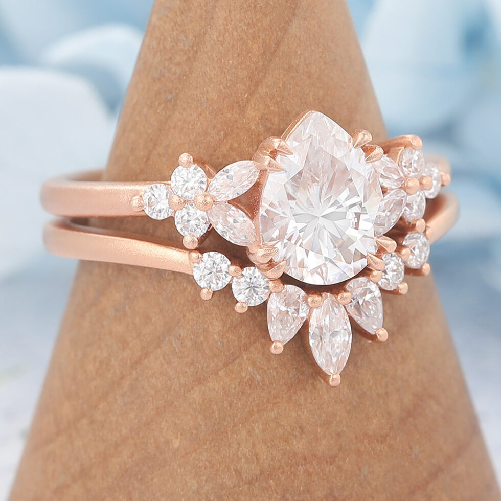 Matte Finish Pear Cut Moissanite Engagement Ring Nature-Inspired Cluster