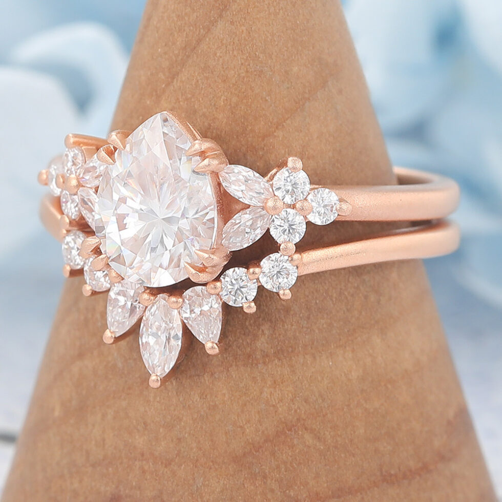 Matte Finish Pear Cut Moissanite Engagement Ring Nature-Inspired Cluster