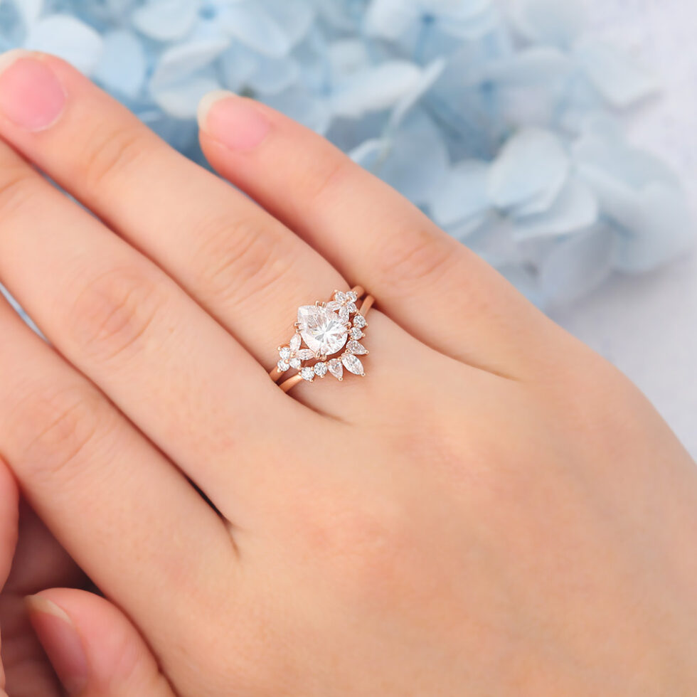 Matte Finish Pear Cut Moissanite Engagement Ring Nature-Inspired Cluster