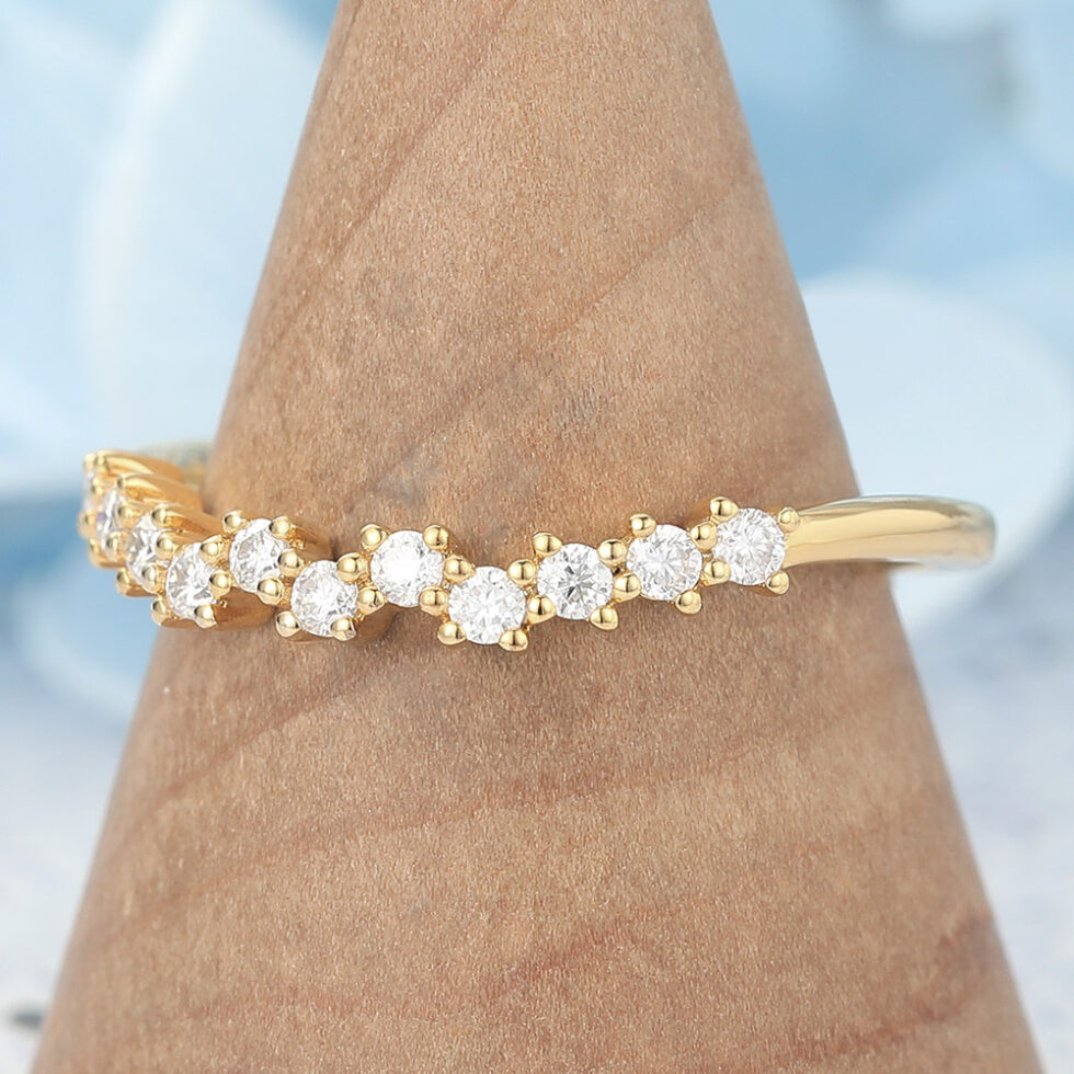 Yellow Gold Round Moissanite Curved Wedding Band