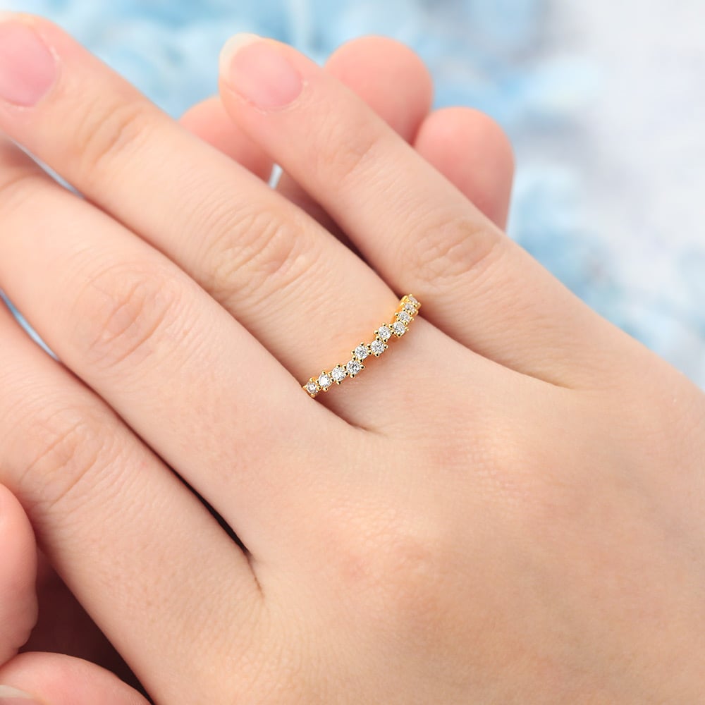 Yellow Gold Round Moissanite Curved Wedding Band