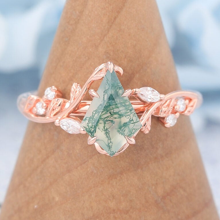 Kite Cut Moss Agate Engagement Ring Vine-Inspired with Moissanite Accents