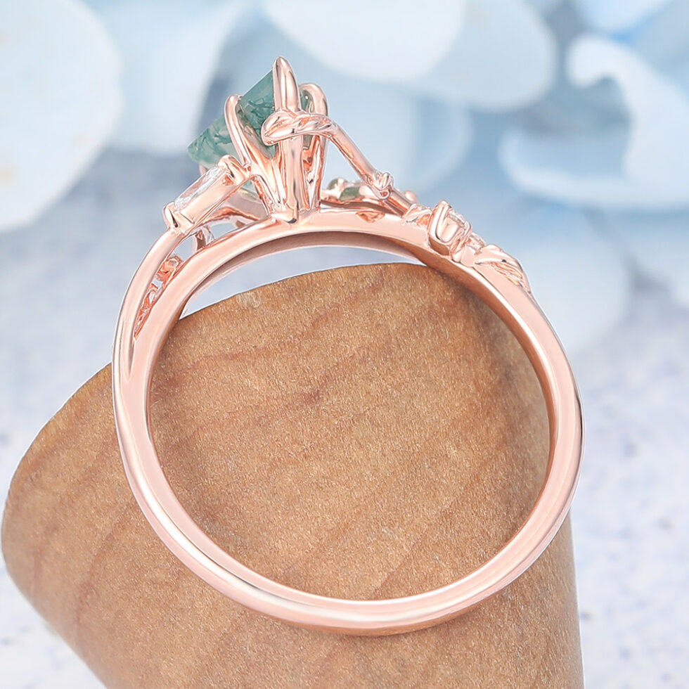 Kite Cut Moss Agate Engagement Ring Vine-Inspired with Moissanite Accents