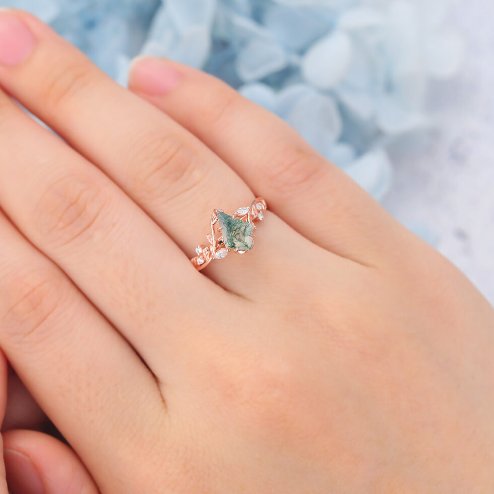 Kite Cut Moss Agate Engagement Ring Vine-Inspired with Moissanite Accents