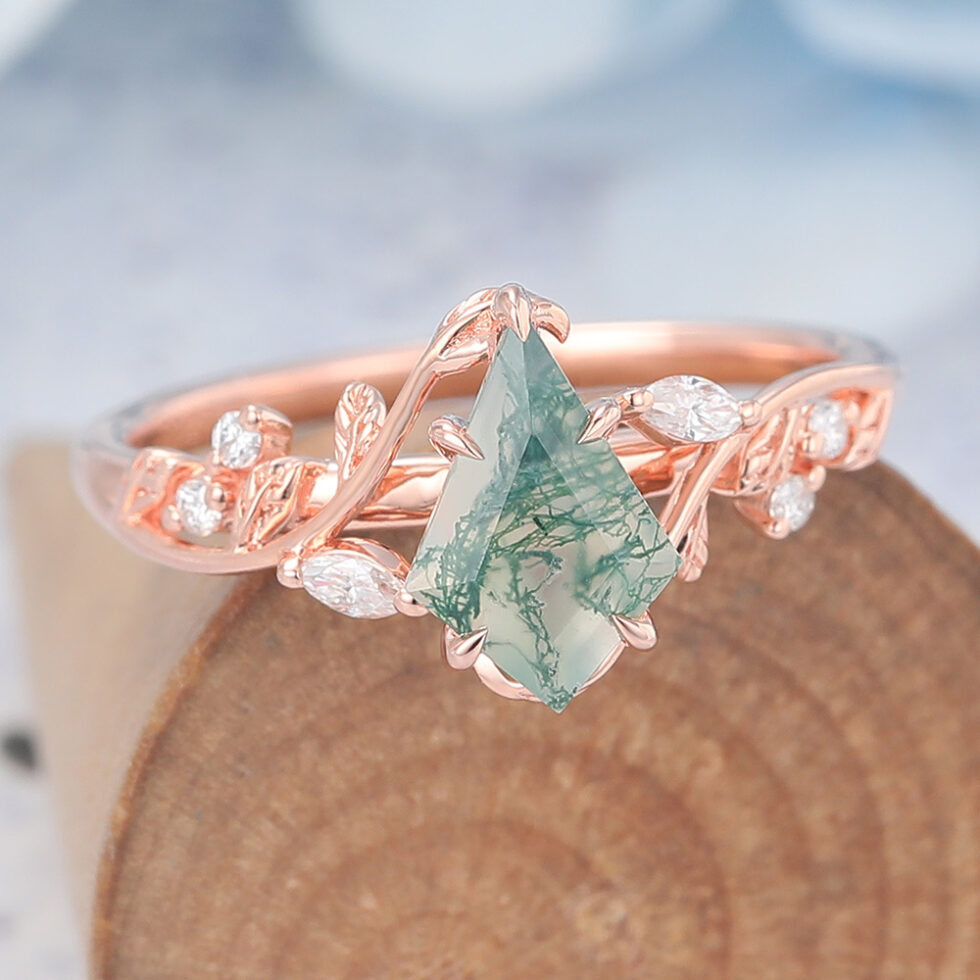 Kite Cut Moss Agate Engagement Ring Vine-Inspired with Moissanite Accents