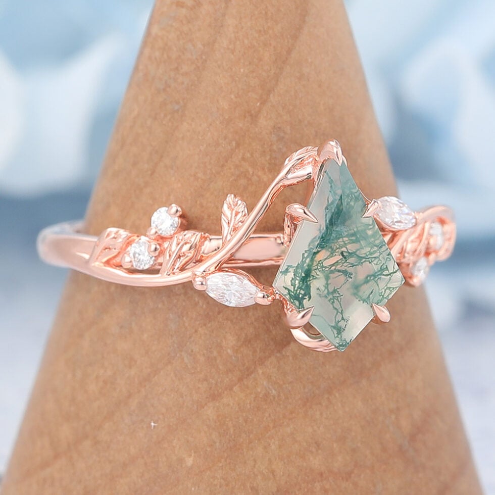 Kite Cut Moss Agate Engagement Ring Vine-Inspired with Moissanite Accents