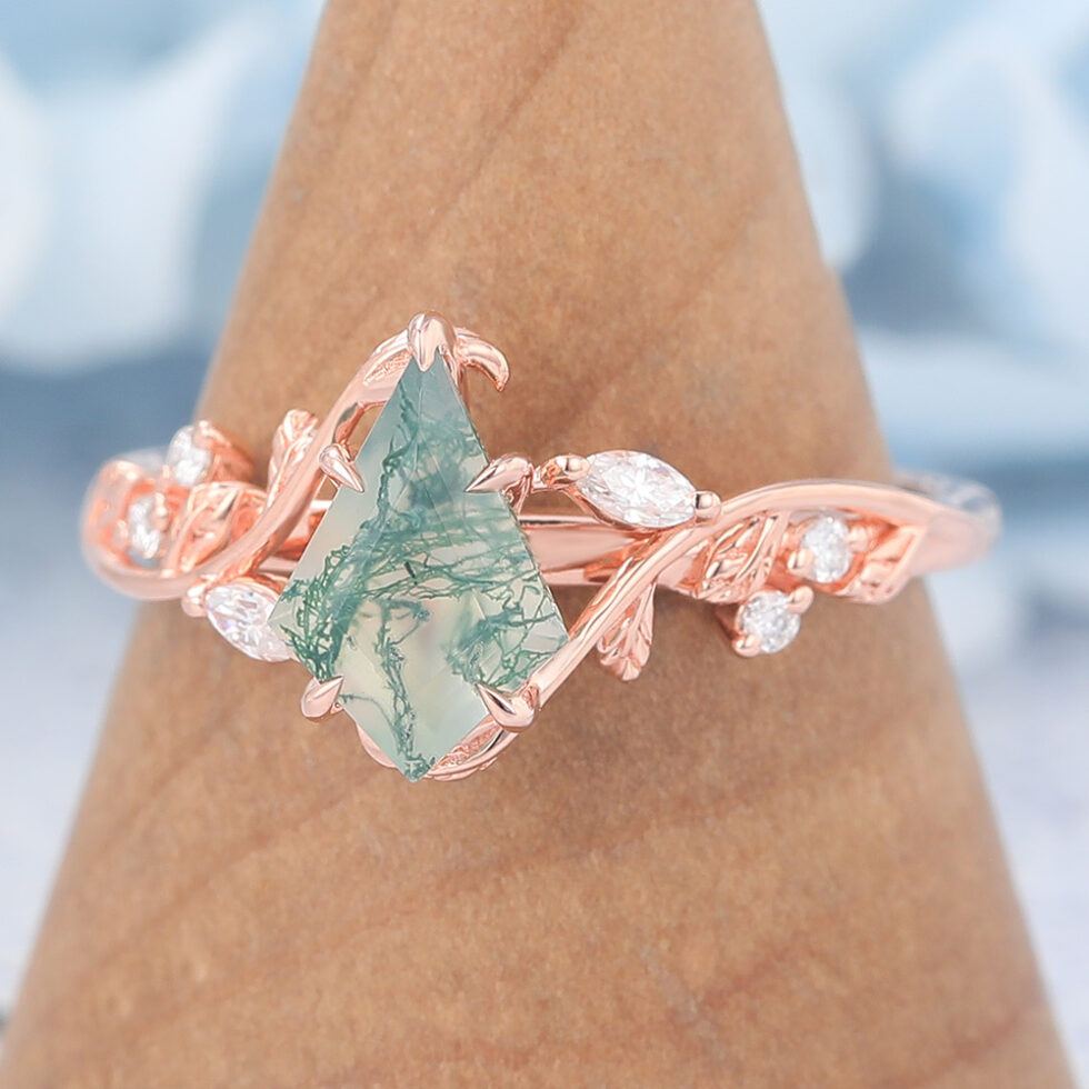 Kite Cut Moss Agate Engagement Ring Vine-Inspired with Moissanite Accents