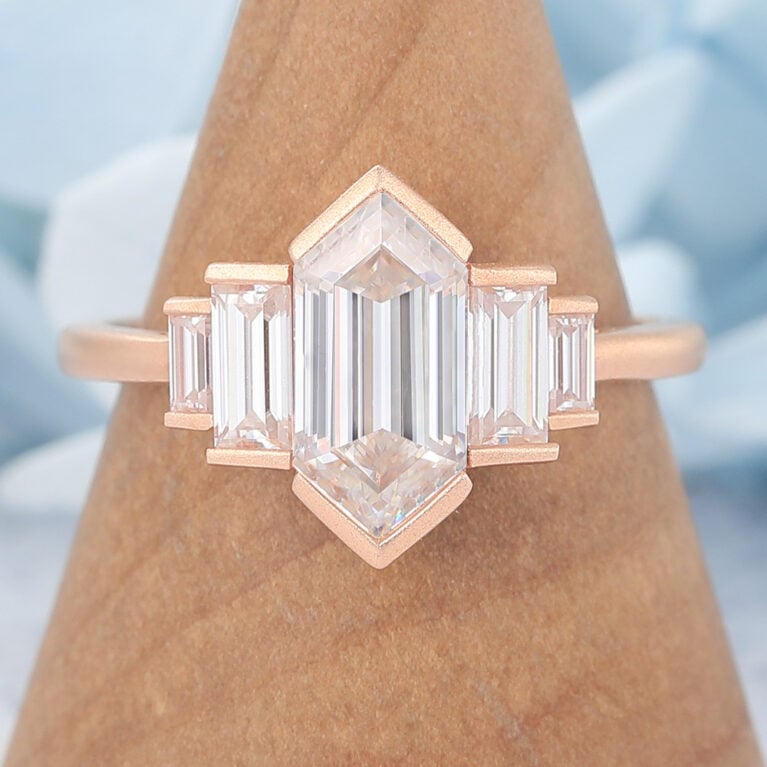 Matte Finish Art Deco Long Hexagon Cut Moissanite Engagement Ring