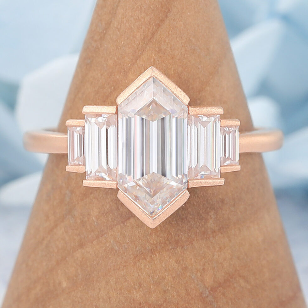 Matte Finish Art Deco Long Hexagon Cut Moissanite Engagement Ring