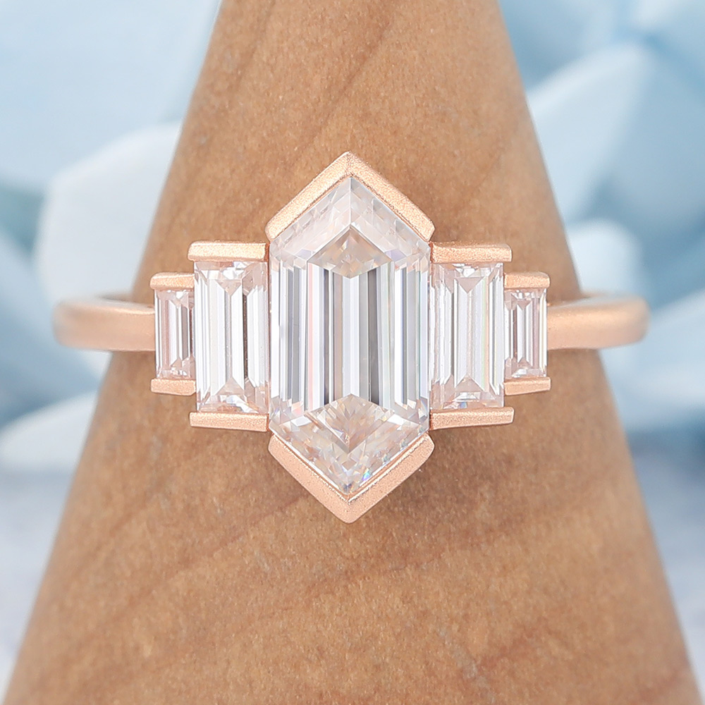 Matte Finish Art Deco Long Hexagon Cut Moissanite Engagement Ring