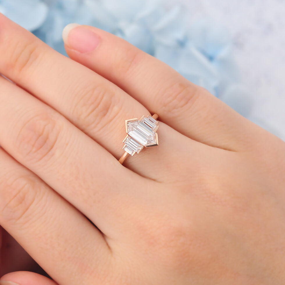 Matte Finish Art Deco Long Hexagon Cut Moissanite Engagement Ring