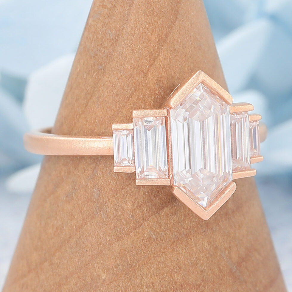 Matte Finish Art Deco Long Hexagon Cut Moissanite Engagement Ring