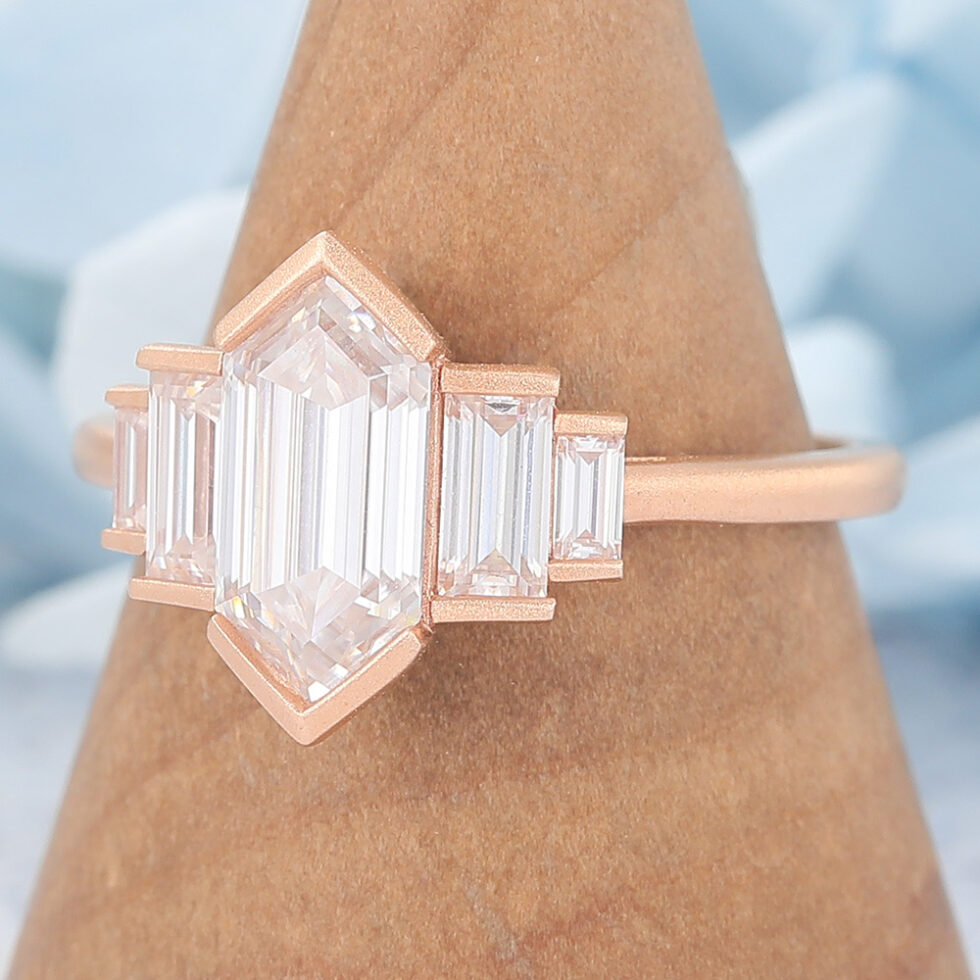 Matte Finish Art Deco Long Hexagon Cut Moissanite Engagement Ring