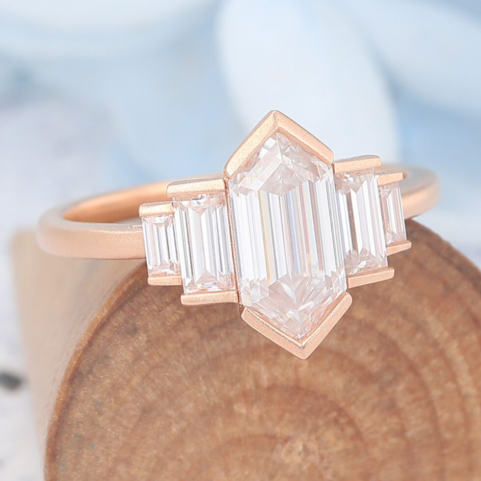 Matte Finish Art Deco Long Hexagon Cut Moissanite Engagement Ring