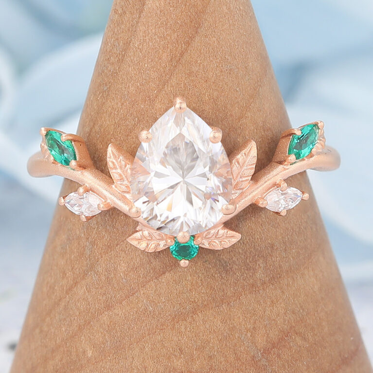 Matte Finish Art Deco Pear Shaped Moissanite Engagement Ring